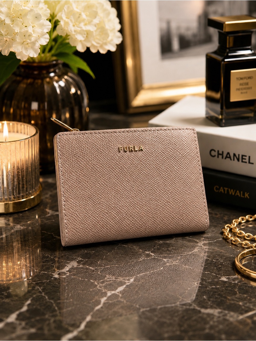 FURLA Blush Neutral Italian Saffiano Leather Zip Card Wallet Great Gift